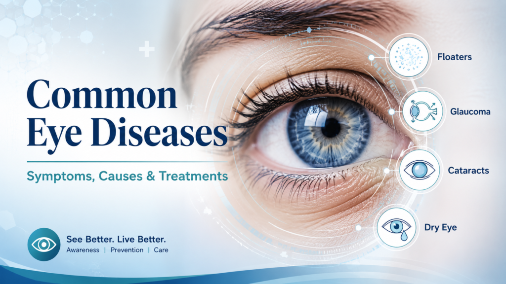 Common eye diseases including glaucoma, cataracts and eye floaters