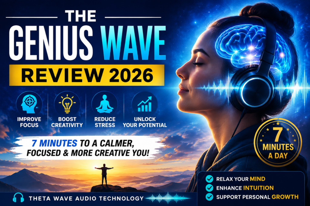 The Genius Wave Review 2026 featured image showing a woman wearing headphones, a glowing brain, sound waves, and text about focus, creativity, stress reduction, and seven-minute theta-wave audio.