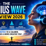 The Genius Wave Review 2026 featured image showing a woman wearing headphones, a glowing brain, sound waves, and text about focus, creativity, stress reduction, and seven-minute theta-wave audio.