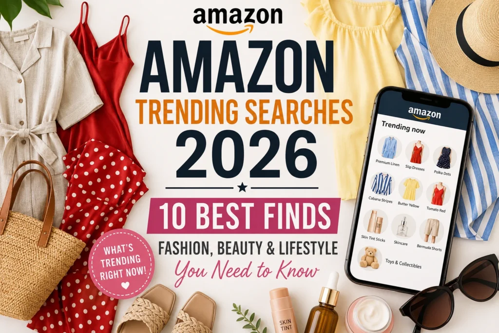 Amazon trending searches 2026 featuring linen clothing, slip dresses, polka dots, butter yellow fashion, skincare and collectibles
